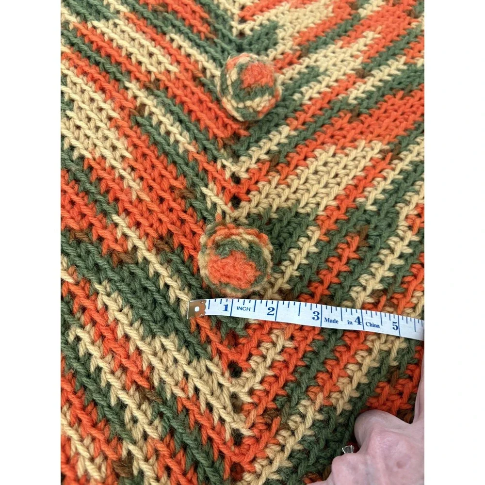 Vintage Crochet Granny Poncho Multicolor Fringe Boho Handmade Cape Wrap rainbow